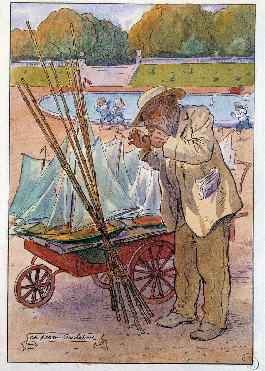 Båthandleren ved Tuileries Garden i 1909 Tegning av Charles Pezeu dit Carlopez (20. århundre) av Charles Pezeu Carlopez