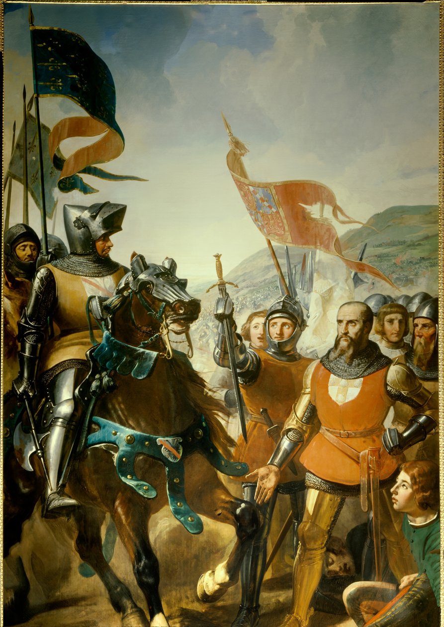 Hundreårskrig (1337-1453): detalj av "" slaget ved Cocherel, nær Evreux vunnet av Bernard du Guesclin (1320-1380) på troppene til kongen av Navarra, 16.05.1364"" Maleri av Charles Philippe Lariviere (1798-1876) rundt 1837 søn. 4,2x2,6m. av Charles Philippe Lariviere