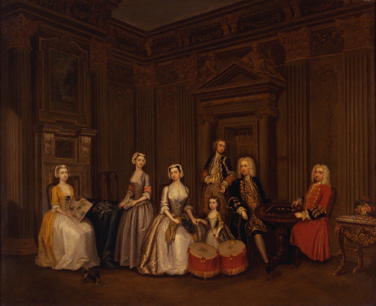 Portrett av Algernon Seymour, Lord Hertford (senere 7. hertug av Somerset) med oberst Tomkins Wardour, oberst Browne, Lord Beauchamp, Frances, Lady Hertford, Lady Elizabeth Seymour og frøken Herbert av Charles Philips