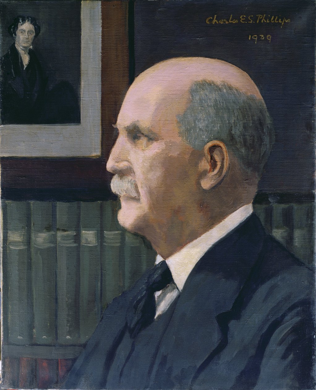 William Henry Bragg (1862-1942) med et bilde av Michael Faraday (1791-1867) i bakgrunnen, 1939 av Charles Phillips