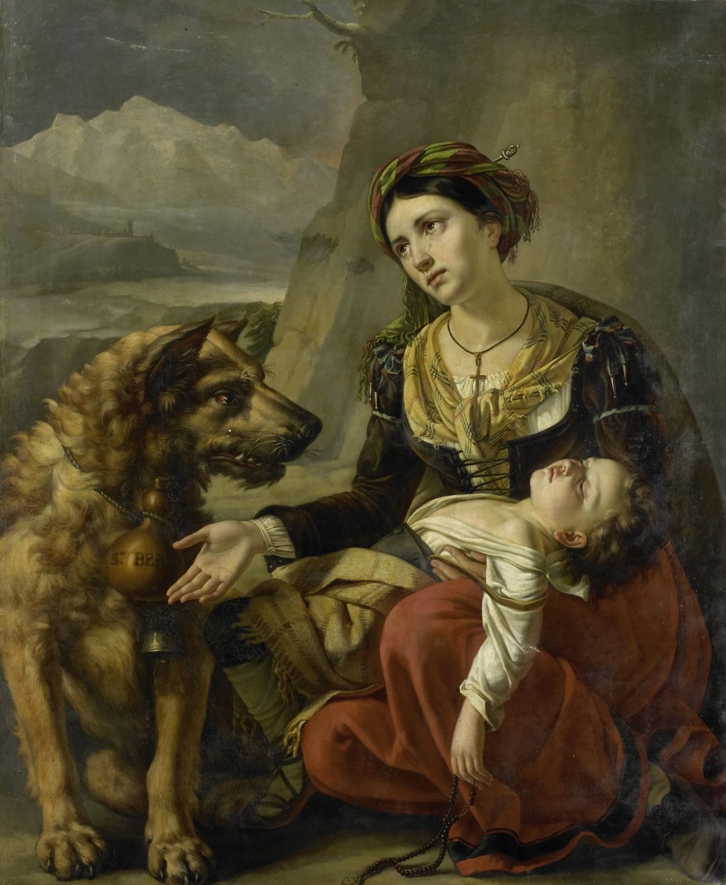 En Saint Bernard-hund kommer til unnsetning for en tapt kvinne med et sykt barn av Charles Picqué