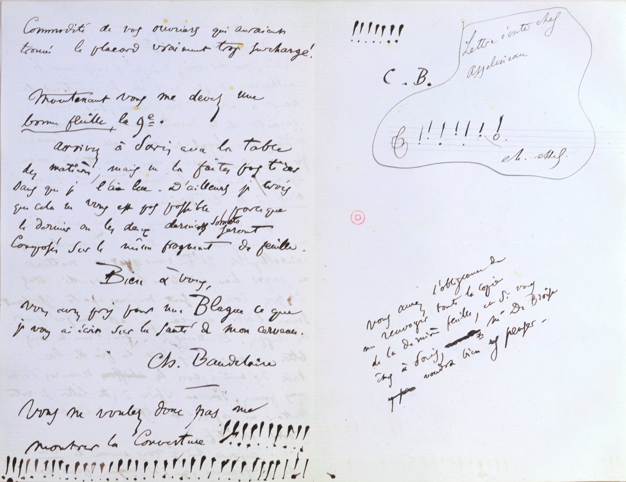 Siste side i et brev til Baudelaires redaktør Auguste Poulet-Malassis (1825-78) angående utgivelsen av 'Les Fleurs du Mal, ca. 20. februar 1857 (penn og blekk på papir) av Charles Pierre Baudelaire