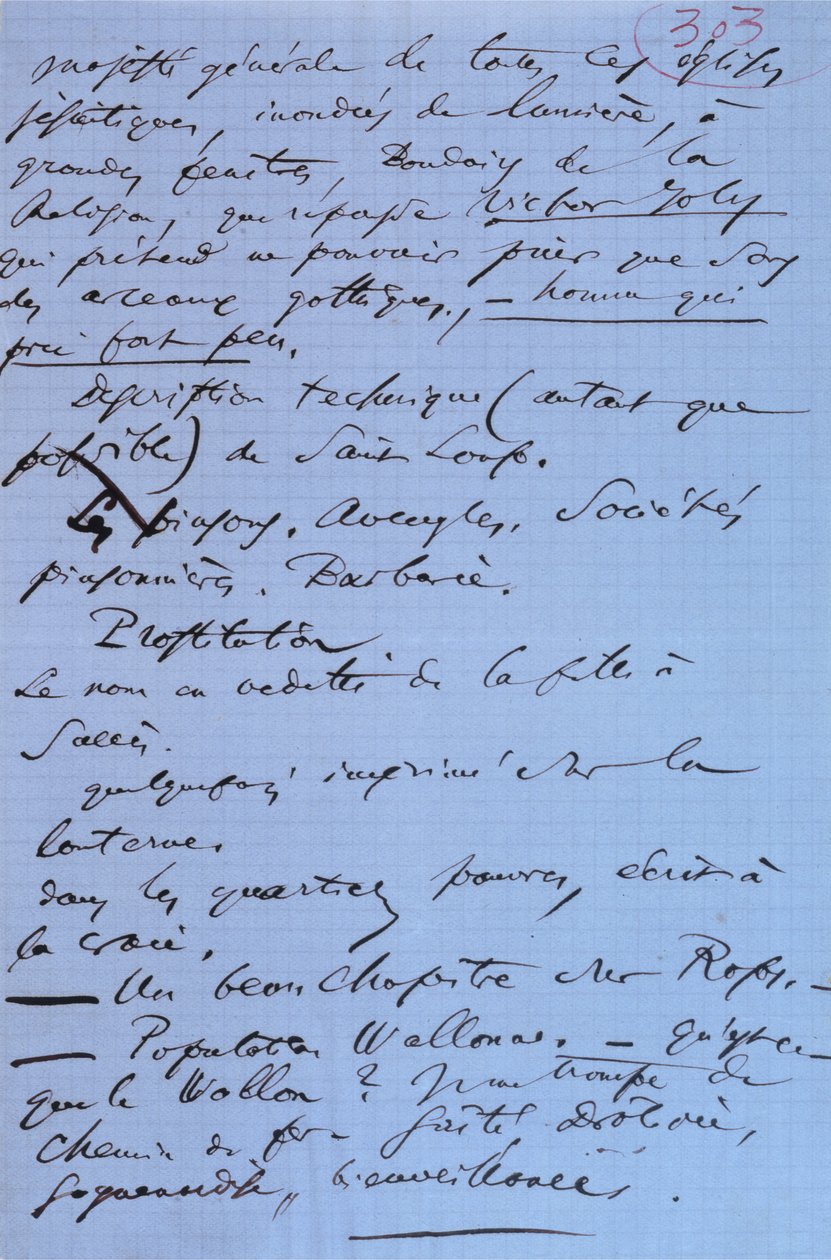 Side 303 av Baudelaires brosjyre 'Pauvre Belgique' som beskriver hans reise til Namur av Charles Pierre Baudelaire
