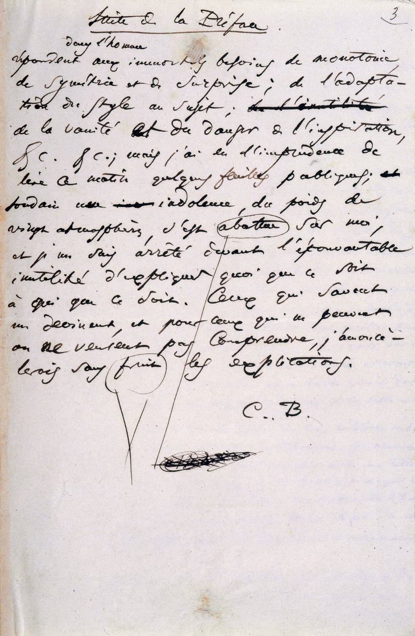 Prosjekt for forordet til den andre utgaven av 'Les Fleurs du Mal' (penn og blekk på papir) av Charles Pierre Baudelaire