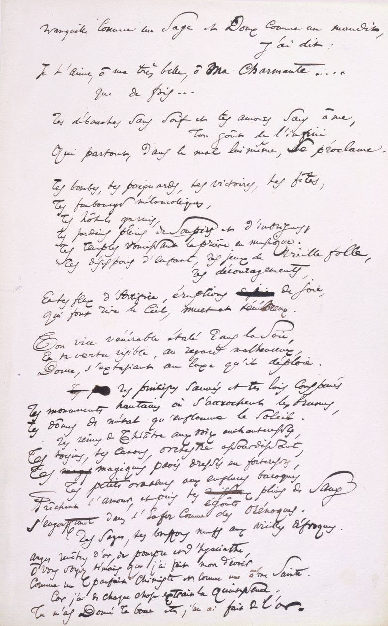 Prosjekt for forordet til den andre utgaven av 'Les Fleurs du Mal' (penn og blekk på papir) av Charles Pierre Baudelaire