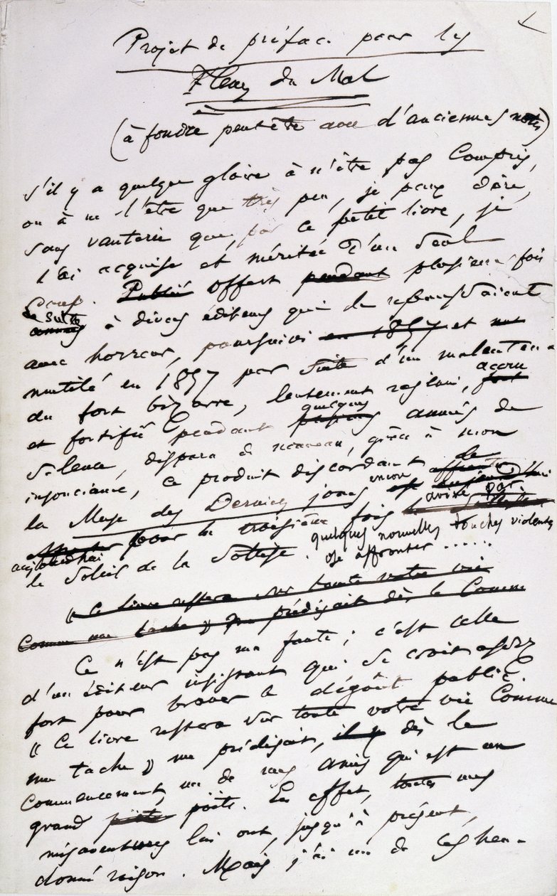Prosjekter for forord til den andre utgaven av 'les Fleurs du Mal' (penn og blekk på papir) av Charles Pierre Baudelaire