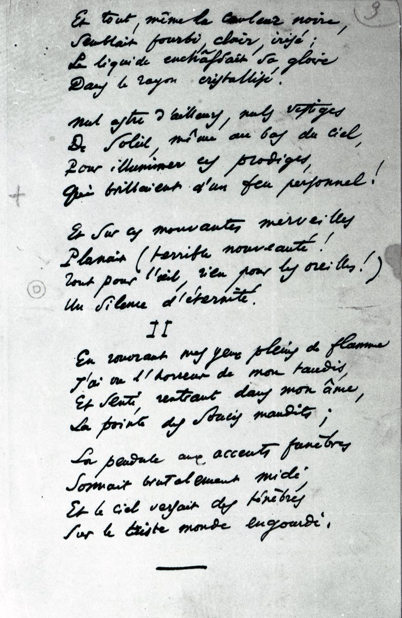 'Reve Parisien' autografdikt (penn og blekk på papir) (s/hvitt-bilde) av Charles Pierre Baudelaire