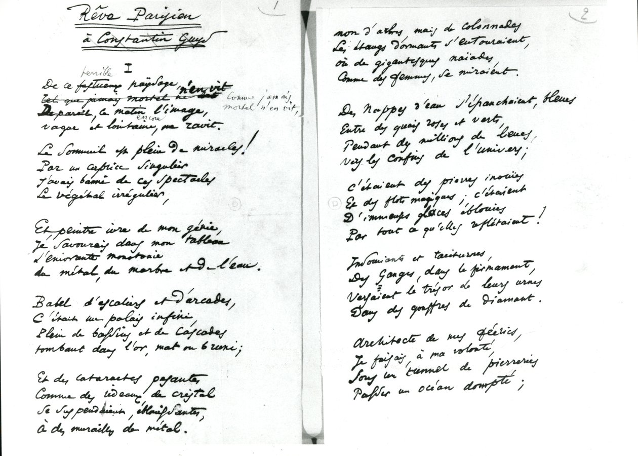 'Reve Parisien' autografdikt (penn og blekk på papir) (s/hvitt-bilde) av Charles Pierre Baudelaire