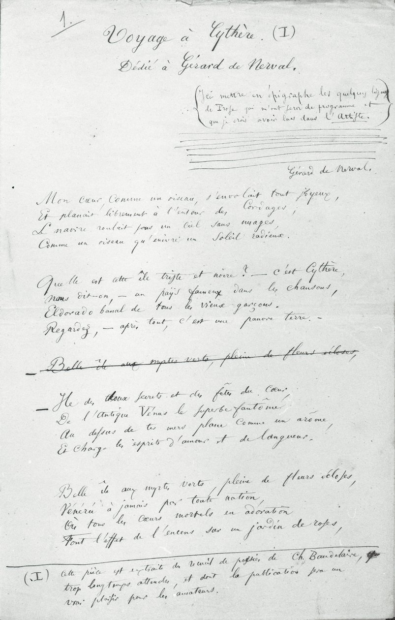 'Voyage a Cythere' autografdikt (penn og blekk på papir) (s/hvitt-bilde) av Charles Pierre Baudelaire