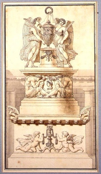 Design for et begravelsesmonument til en romersk general, ca. 1800 (kritt, penn og blekk og vask på papir) av Charles Pierre Joseph Normand