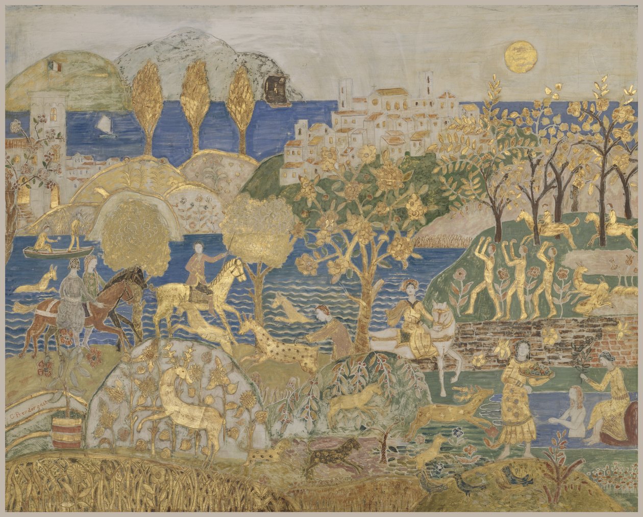 Hill Town, ca. 1928 (tempera, grafitt og bladgull på innskåret, gessoed panel) av Charles Prendergast