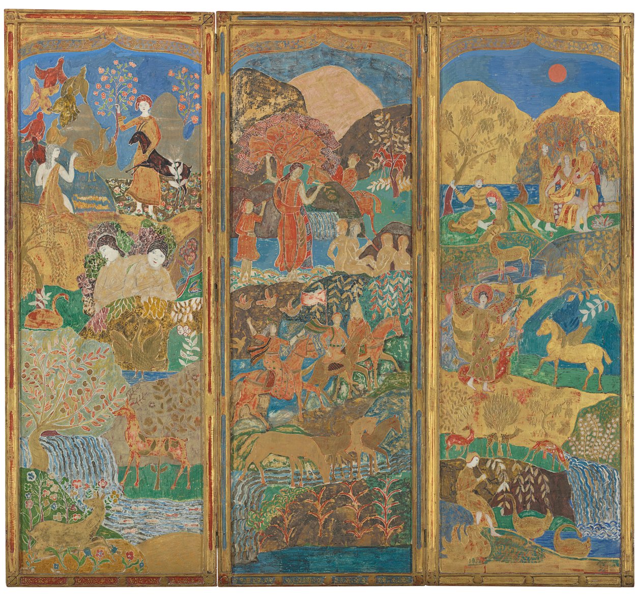 Tre-panels skjerm, ca. 1916-17 (olje og bladgull på gessoed tre) av Charles Prendergast