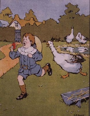 The Gander jager ertende Georgie, fra `Georgie Porgy ', bok med barnerim av Charles R. Dowell