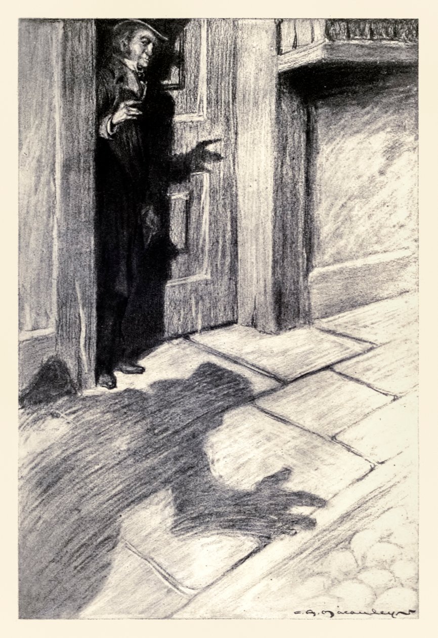 Mr Utterson var klar over et merkelig, lett fottrinn som nærmet seg" fra "Strange Case of Dr Jekyll and Mr Hyde" av Robert Louis Stevenson (1850-1894) illustrert av Charles Raymond Macauley (1871-1934) av Charles Raymond Macauley