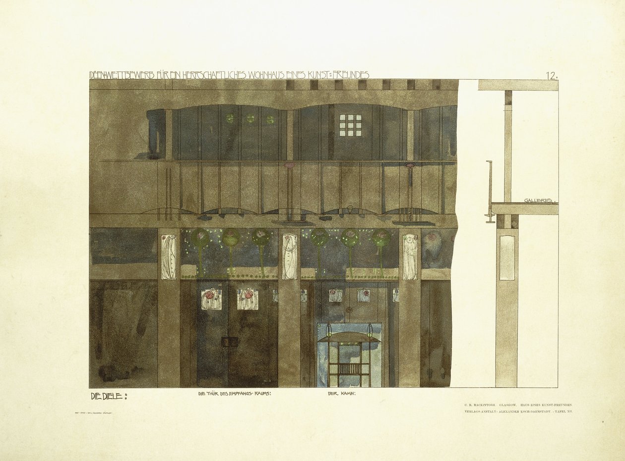 Entrance Hall, ca. 1901 (fargelitografi) av Charles Rennie (after) Mackintosh