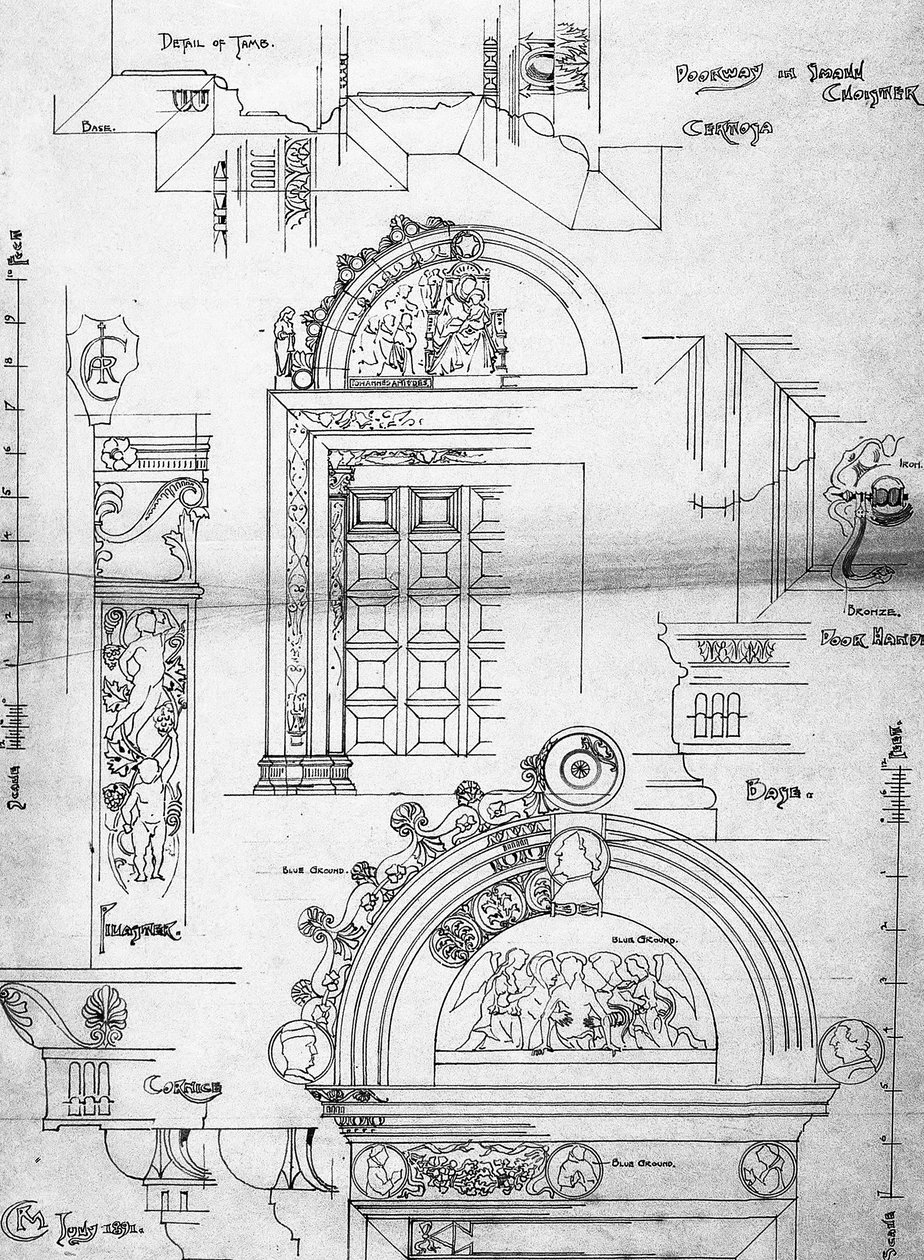 Certosa di Pavia, Doorway in small Cloister, 1891 (Side fra skissebok, blekk på patronpapir) av Charles Rennie Mackintosh