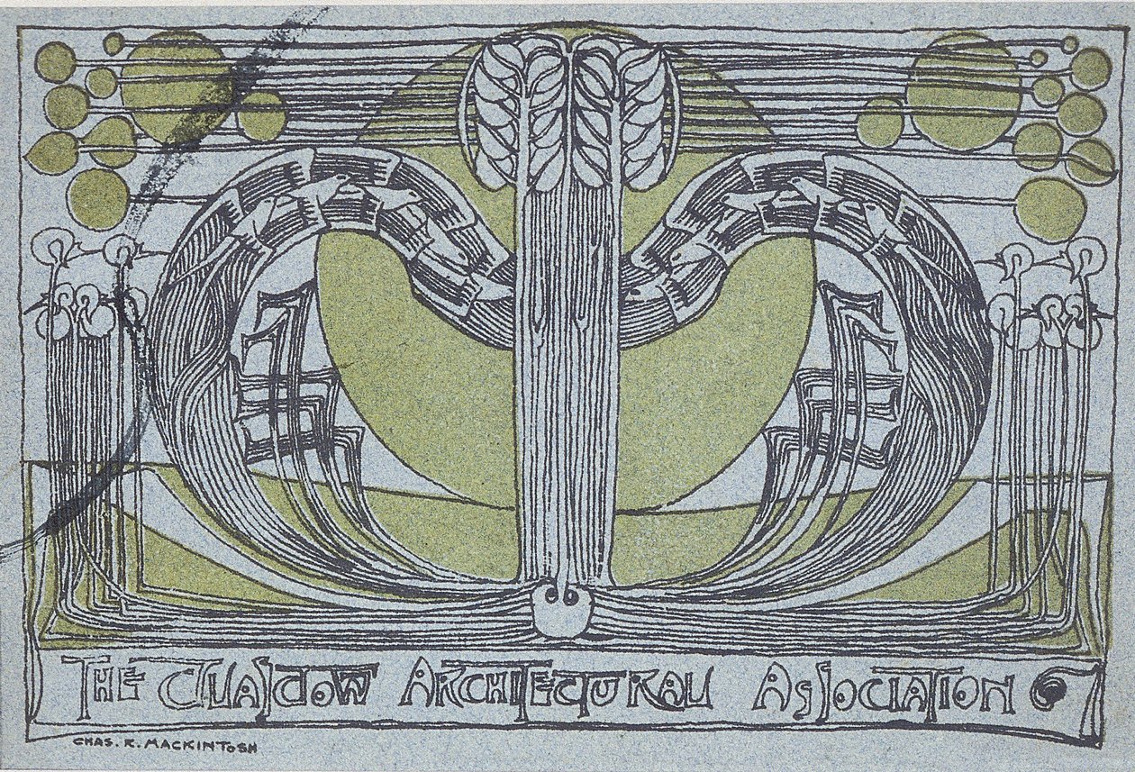 Conversazione Program for Glasgow Architectural Association, 1894 (linosnitt trykt i svart og grønt på lyseblått papir) av Charles Rennie Mackintosh