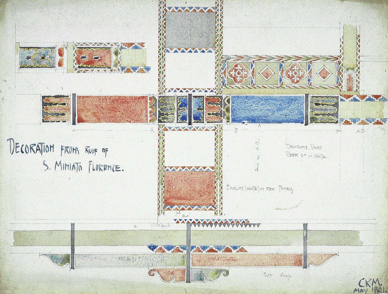 Dekor fra Roof of S. Miniato, Firenze, 1891 (blyant og akvarell på papir) av Charles Rennie Mackintosh