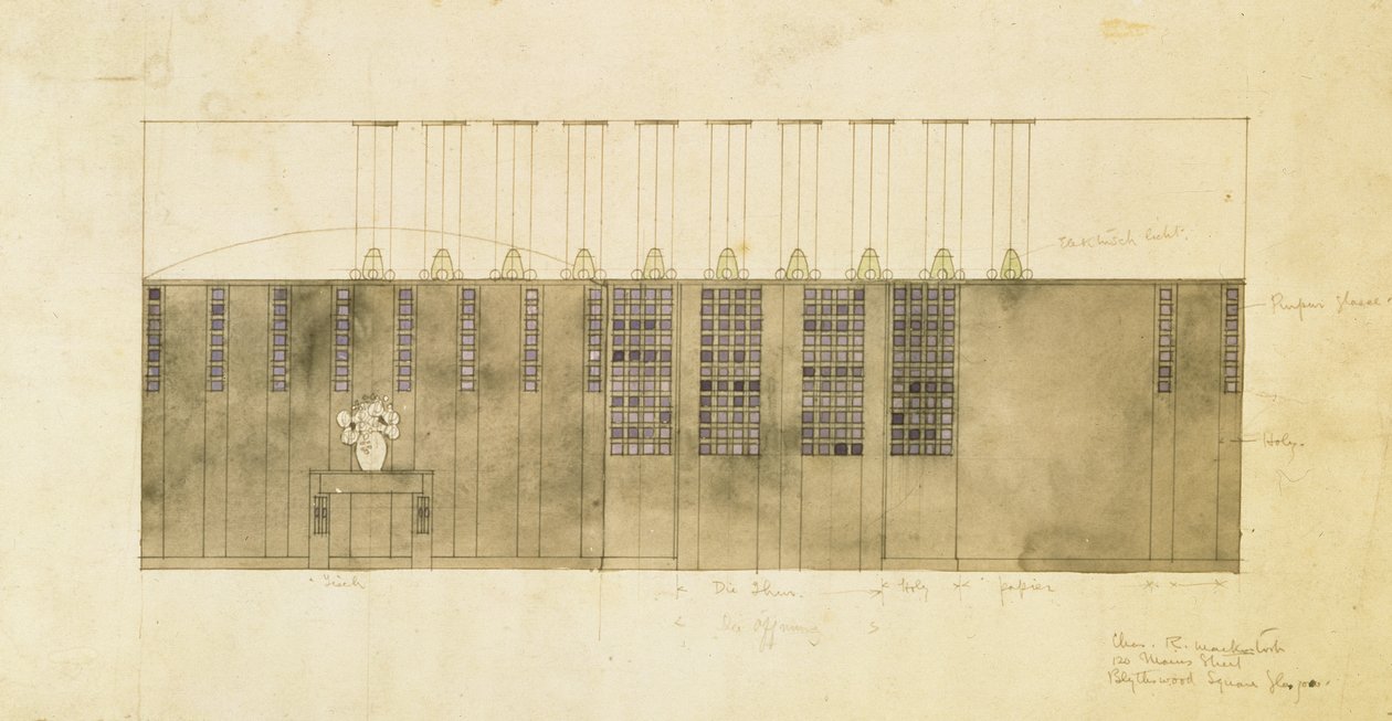 Design for vegg, bord og dører, 1905 (wc over penn og blekk på papir) av Charles Rennie Mackintosh