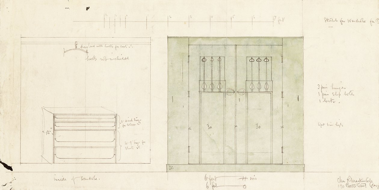 Design for en garderobe, vist på forsiden og interiøret, ca. 1899-1900 (blyant, akvarell) av Charles Rennie Mackintosh