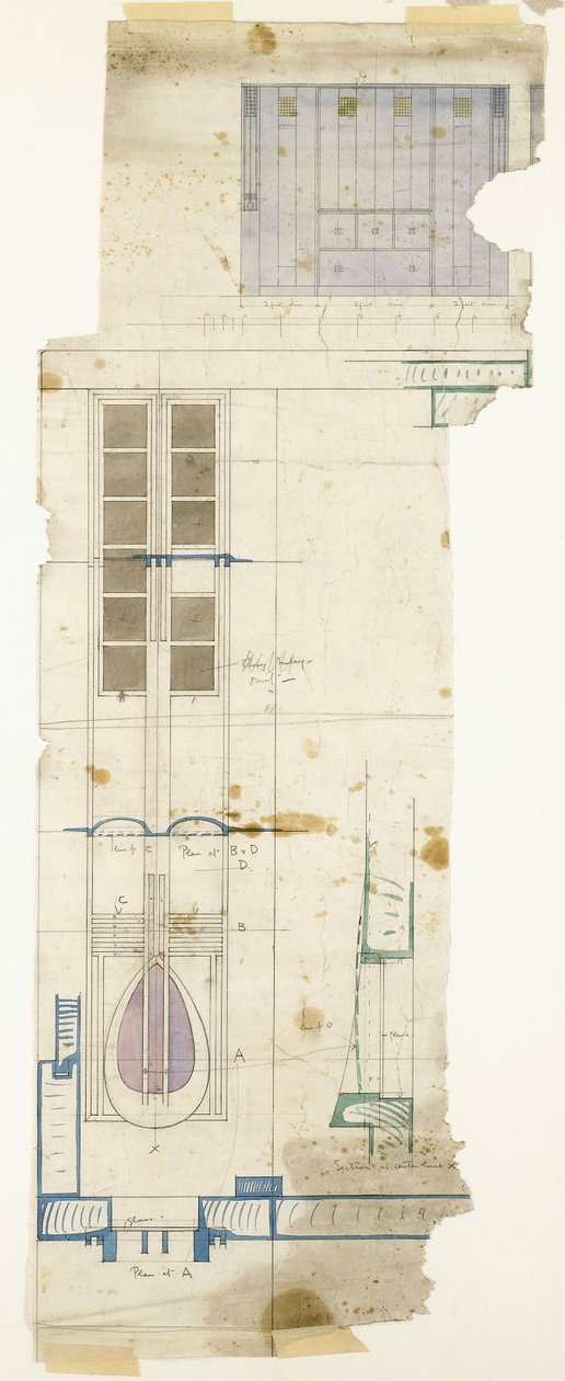 Design for en garderobe, vist i høyden, med detaljer i halvfull størrelse av dekorativt panel, 1904 av Charles Rennie Mackintosh
