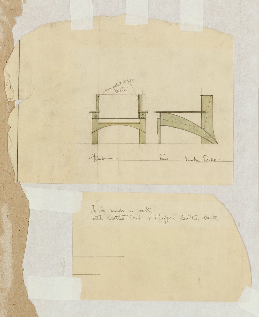 Design for en eik lenestol, vist foran og fra siden, 1905 av Charles Rennie Mackintosh