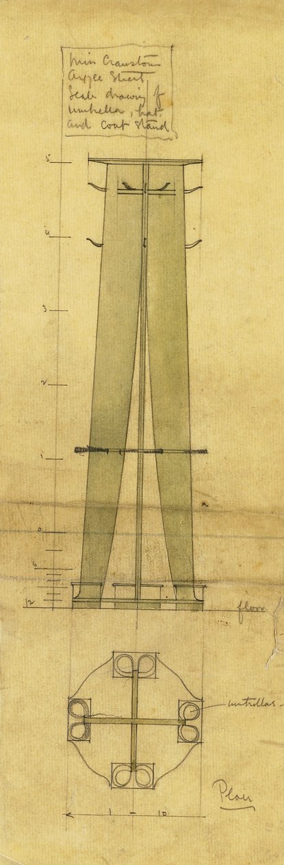 Design for paraply, hatte og klesstativ, vist i oppriss og plan, ca. 1898-1899 (blyant, akvarell, oljet kalkerpapir) av Charles Rennie Mackintosh