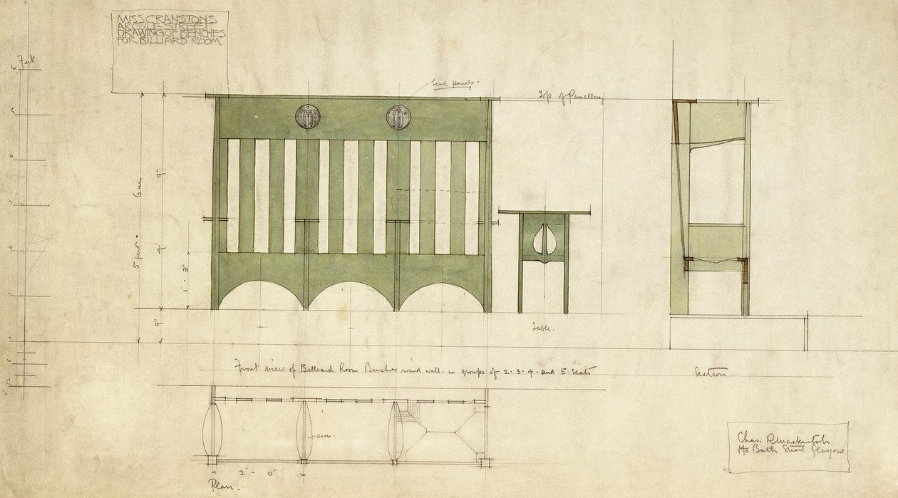 Utførelse for benker og bord, vist i oppriss og snittplan av Charles Rennie Mackintosh