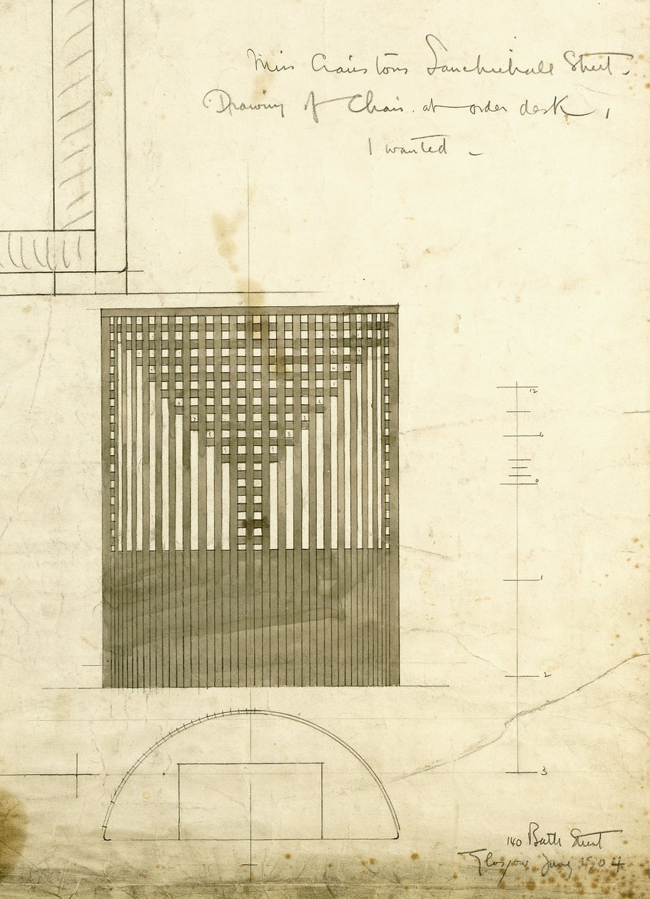 Design for Order Desk Chair, vist i oppriss og plan, 1904 av Charles Rennie Mackintosh