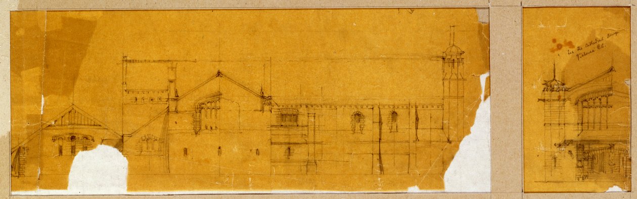 Design for fasaden til en kirke vist i oppriss, og et subsidiært design for inngangen til kirken, vist i oppriss, ca. 1895-99 av Charles Rennie Mackintosh