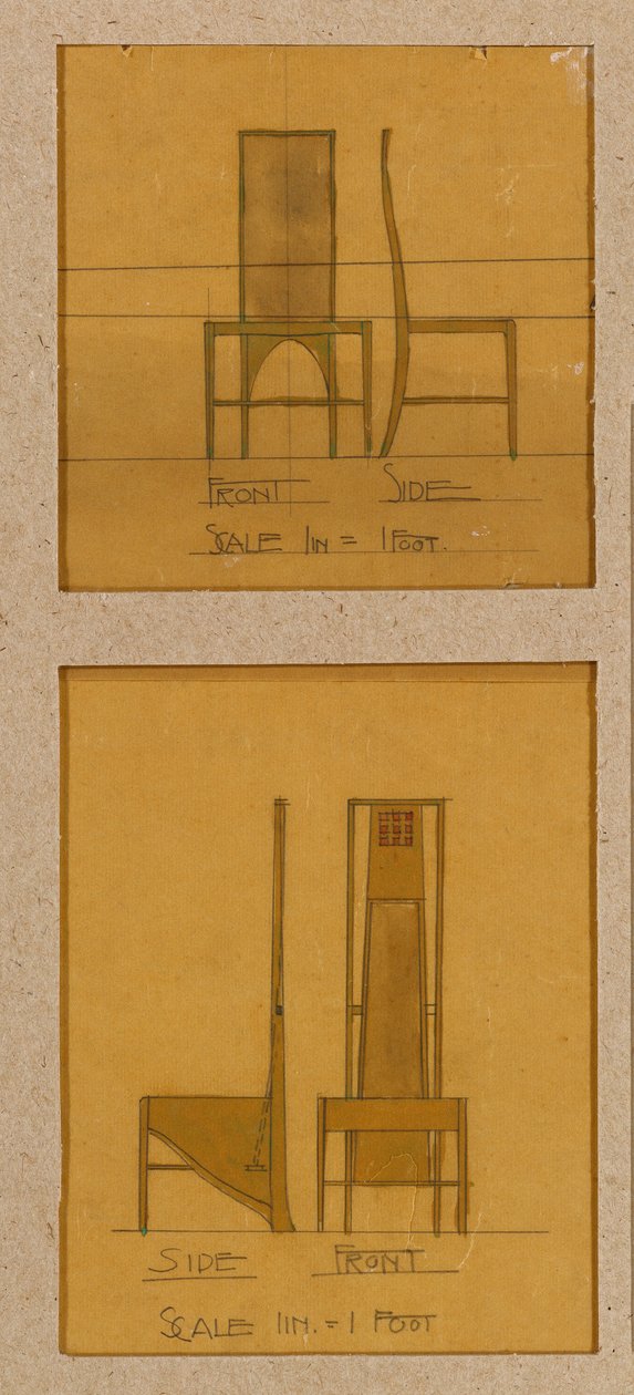 Design for stoler vist foran og fra siden, for Room de Luxe, Willow Tea Rooms av Charles Rennie Mackintosh