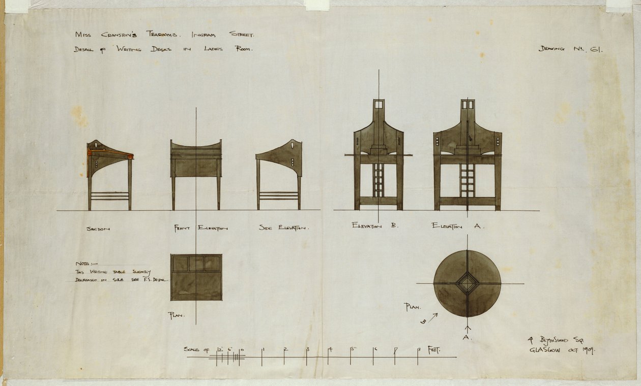 Design for skrivebord vist foran og fra siden, for Ingram Street Tea Rooms, 1909 av Charles Rennie Mackintosh