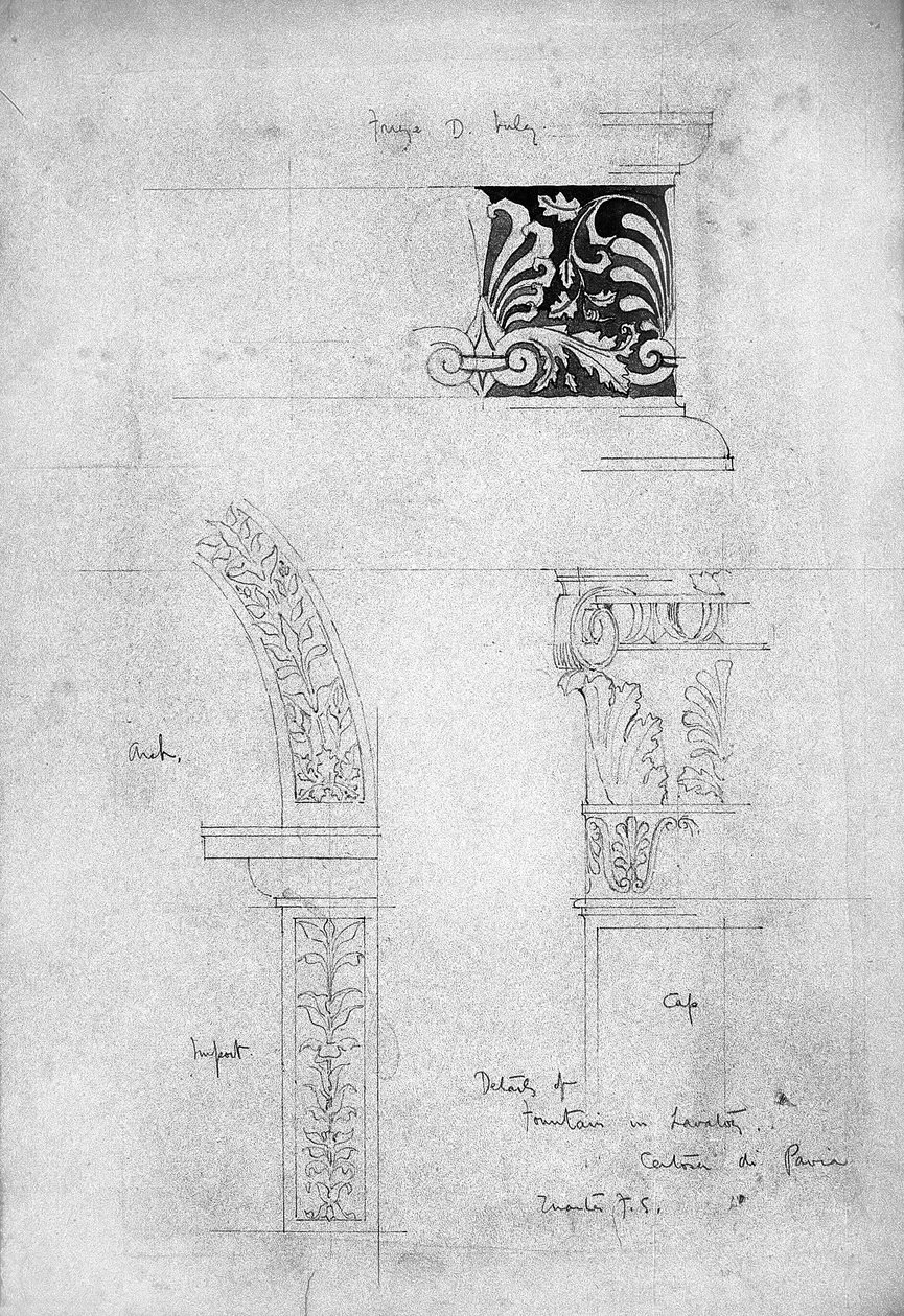 Detaljer om Fountain in Lavatory, Certosa di Pavia, 1891 (Blyant og grå vask på papir) av Charles Rennie Mackintosh