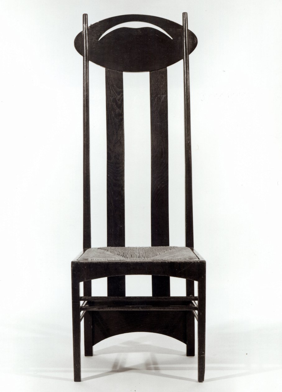 Høystøttet stol, ca. 1897 (mørkbeiset eik med rushsete og gjennomborede ovale ryggskinner) av Charles Rennie Mackintosh