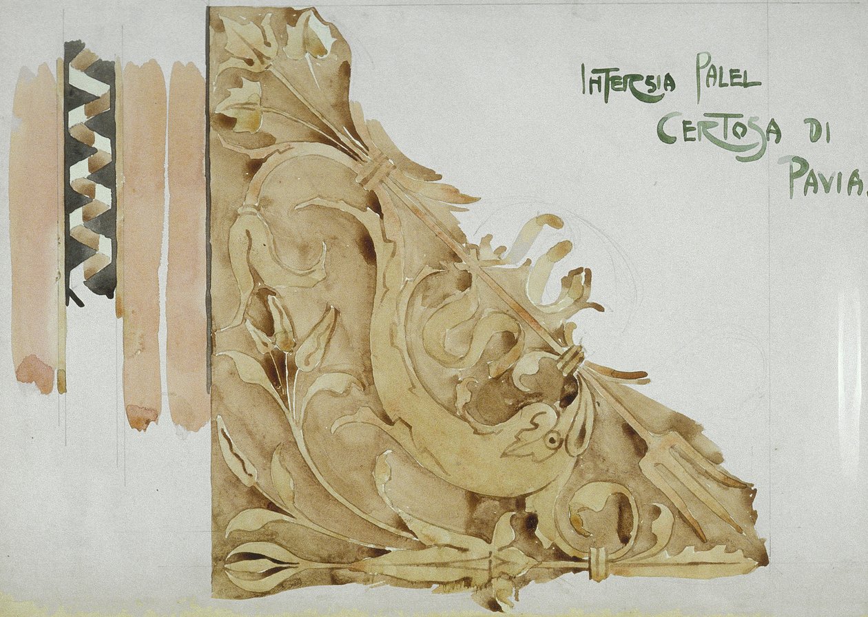 Intarsia Panel, Certosa di Pavia, 1891 (blyant og akvarell på papir) av Charles Rennie Mackintosh