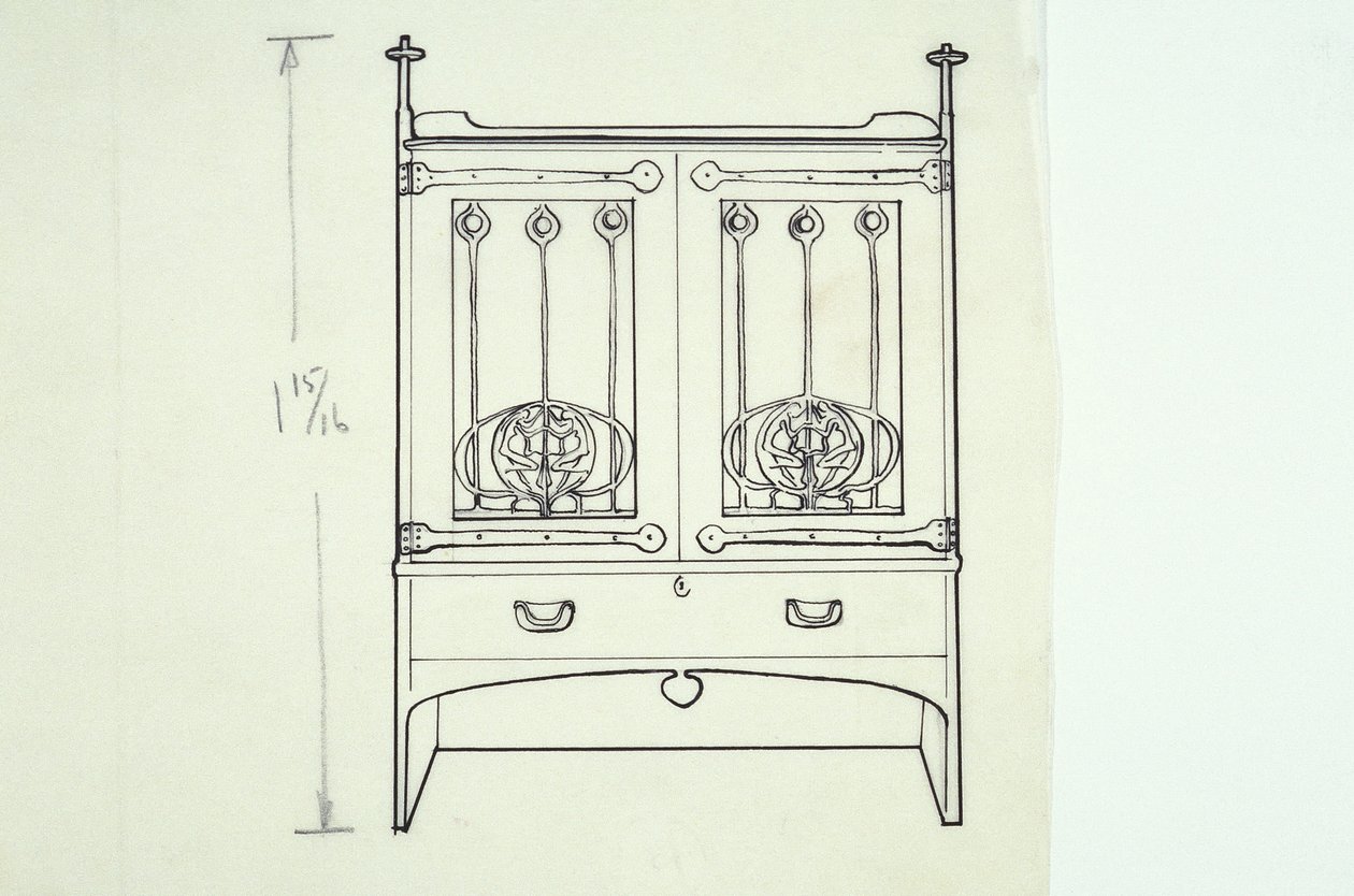 Stregtegning av møbler (et sminkebord), ca. 1910 (blekk på papir) av Charles Rennie Mackintosh