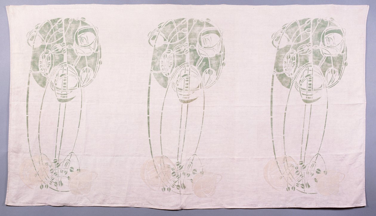 Panel med tre stiliserte rosemotiver i grønt og krem, for den ene baksiden av et hjørne, slå deg ned i salongen ved 14 Kingsborough Gardens, ca. 1900 (stensilert lin) av Charles Rennie Mackintosh