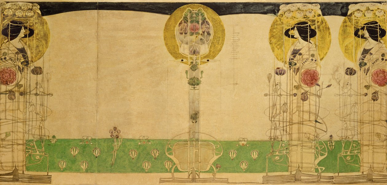 Foreløpig design for veggdekorasjon av første etasje Room of Miss Cranston's Buchanan Street Tearooms, 18967 (blyant og wc på kalkerpapir) av Charles Rennie Mackintosh
