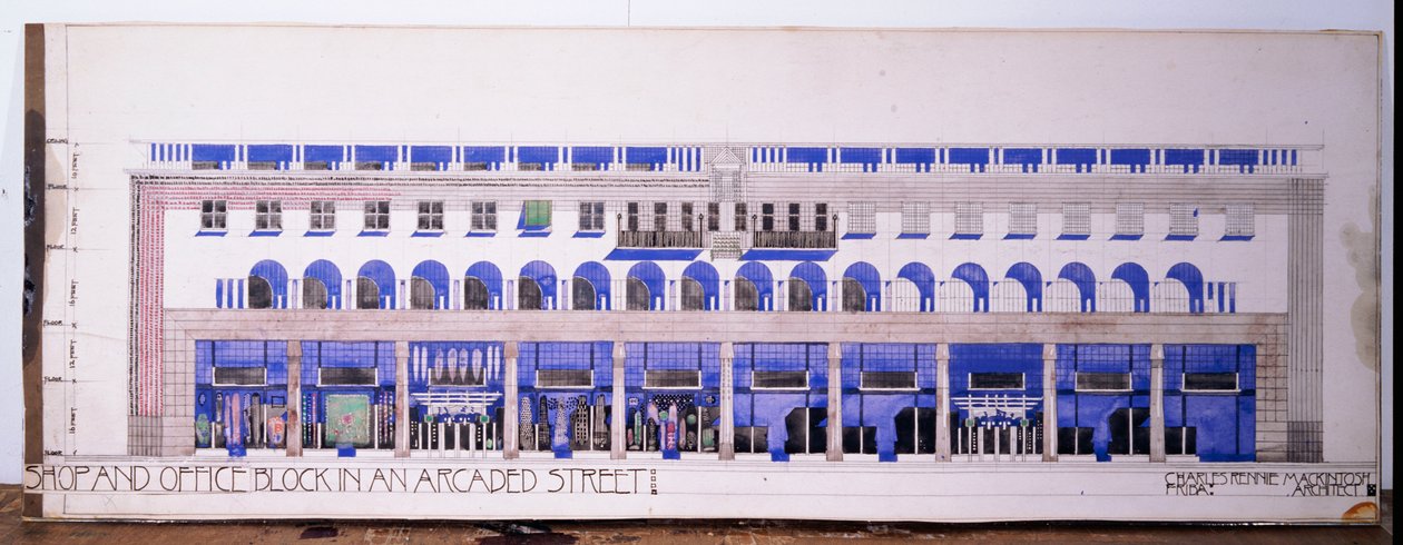 Tidligere uregistrerte arkitektoniske tegninger for en butikk og en arkadegate, ca. 1915 av Charles Rennie Mackintosh