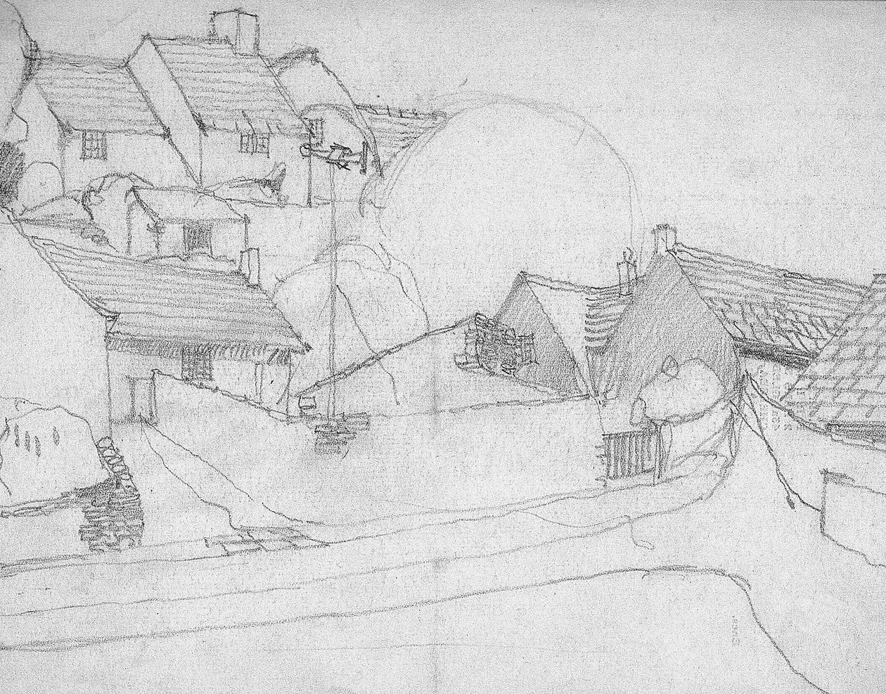 Skisse av engelsk landsby, ca. 1920 av Charles Rennie Mackintosh