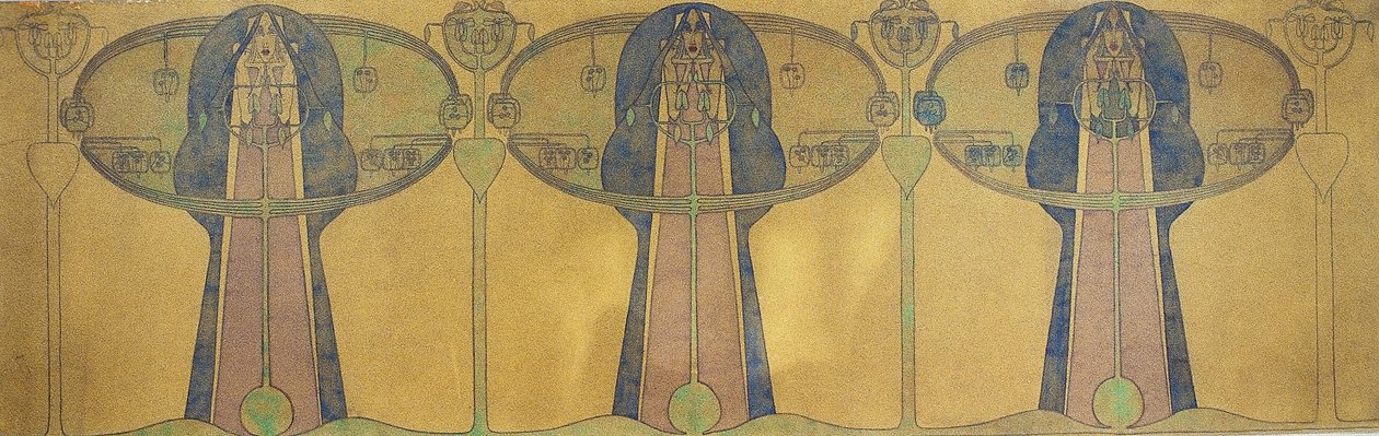Dekorativ frise av stiliserte menneskefigurer, tre- og planteformer, ca. 1895 (blyant og akvarell på grått kunstpapir) av Charles Rennie Mackintosh