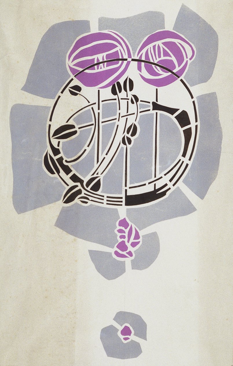 Moderne reproduksjon fra original Mackintosh sjablong for veggdekorasjon, rosemotiv, 1902 (plakatfarge på patronpapir) av Charles Rennie Mackintosh