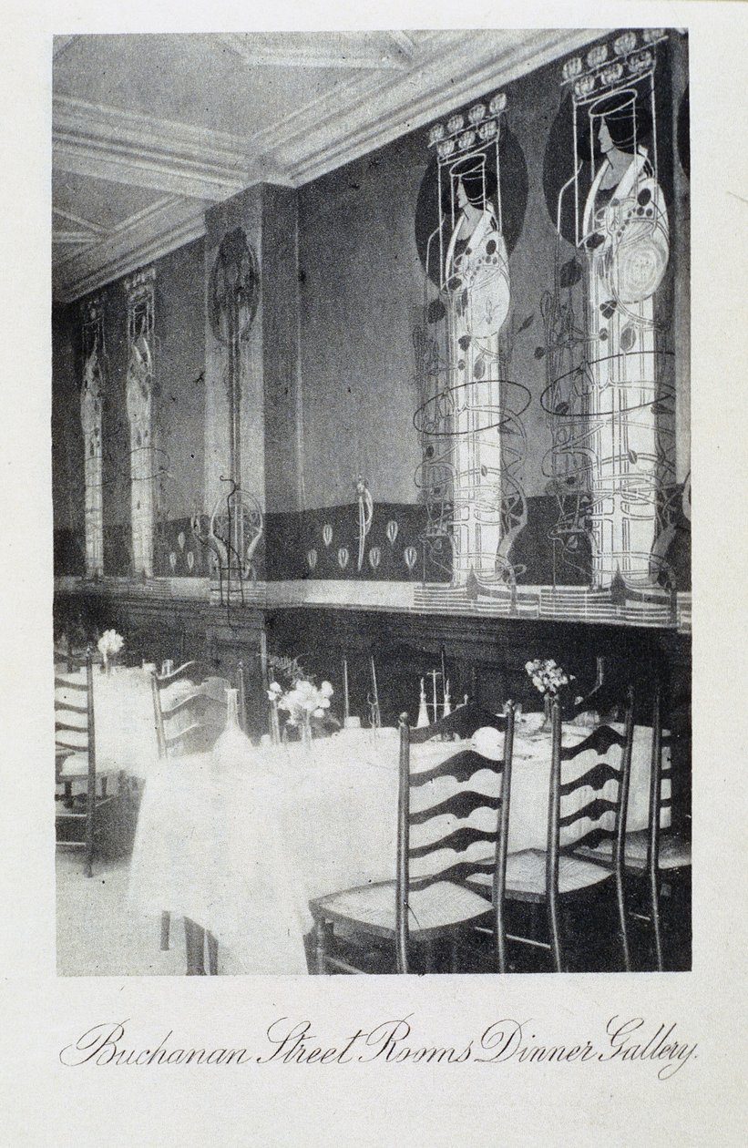 Del av veggmaleri for Cranston Tearooms, Buchanan Street, Glasgow av Charles Rennie and MacDonald Mackintosh Margaret Mackintosh
