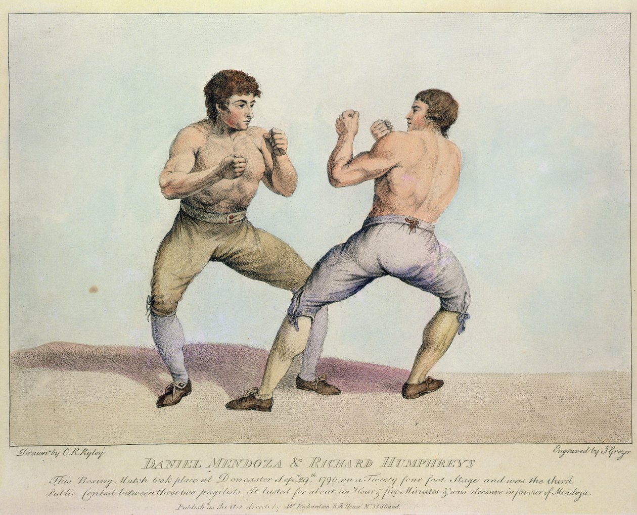 Boksekamp mellom Daniel Mendoza og Richard Humphreys, 29. september 1790 (håndfarget etsning) av Charles Reuben Ryley
