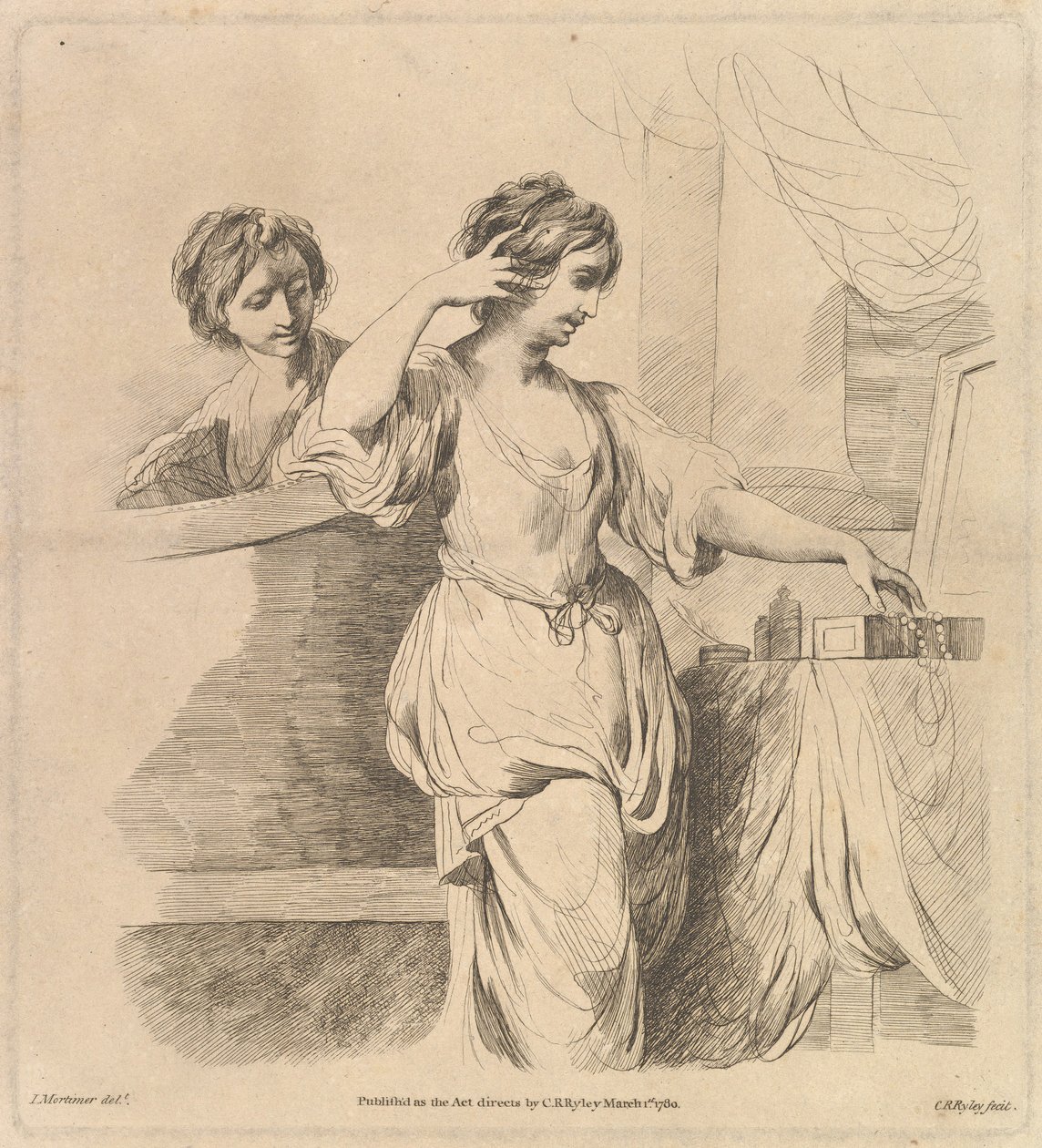 Kvinne på toalettet hennes, 1. mars 1780. av Charles Reuben Ryley