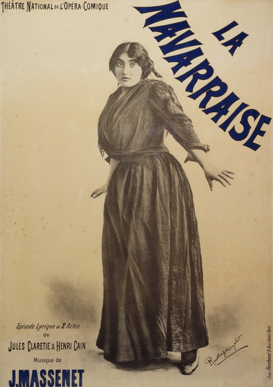 Plakat for Navarraise, opera, libretto av Jules Claretie og Henri Cain, musikk av Jean Massenet, fremført av Emma Calve, Plakat for Opera-Comique i Paris av Charles Reutlinger
