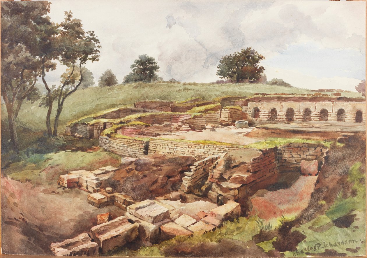 Bath House at Chesters from the North East (kroppsfarge, blyant og wc på papir) av Charles Richardson