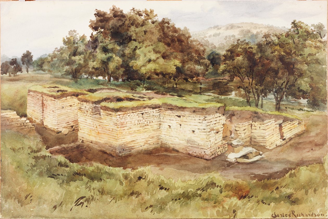 Chesters Bath House fra sørvest (kroppsfarge, blyant og wc på papir) av Charles Richardson