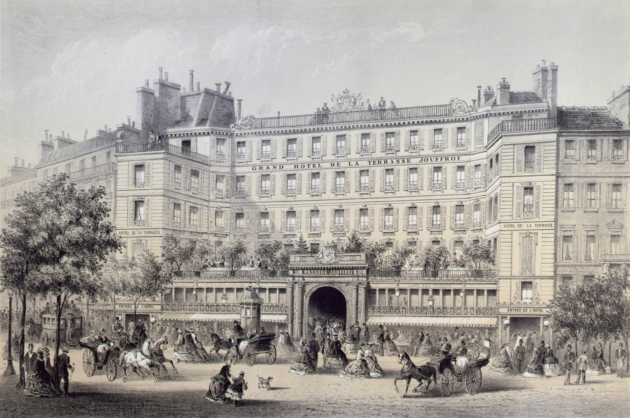 Boulevard Montmartre, Passage Jouffroy og Grand Hotel de la Terrasse Jouffroy, 1865 av Charles Riviere