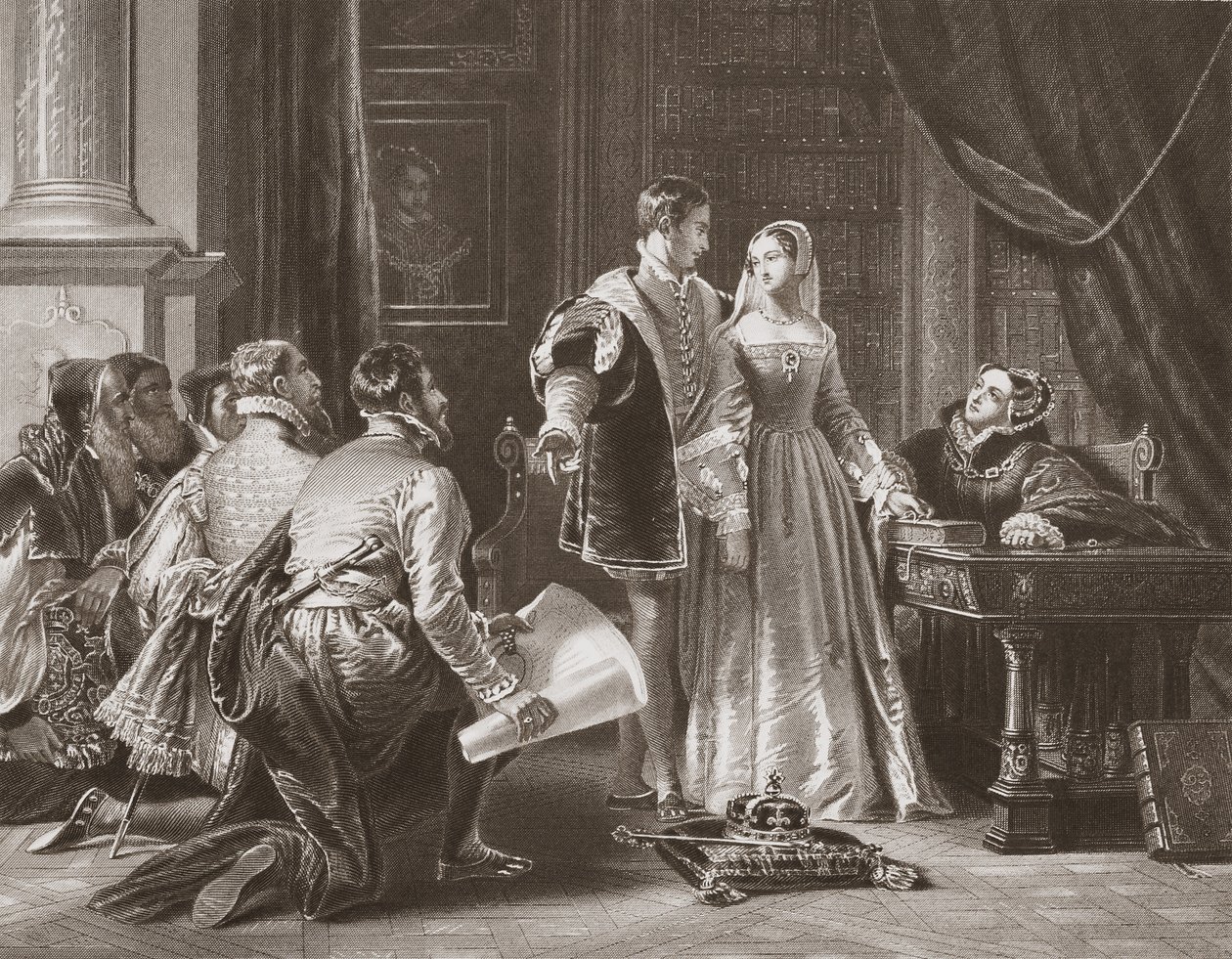 Lady Jane Greys motvilje mot å ta imot kronen, gravert av A.H. Payne (litho) av Charles Robert (after) Leslie